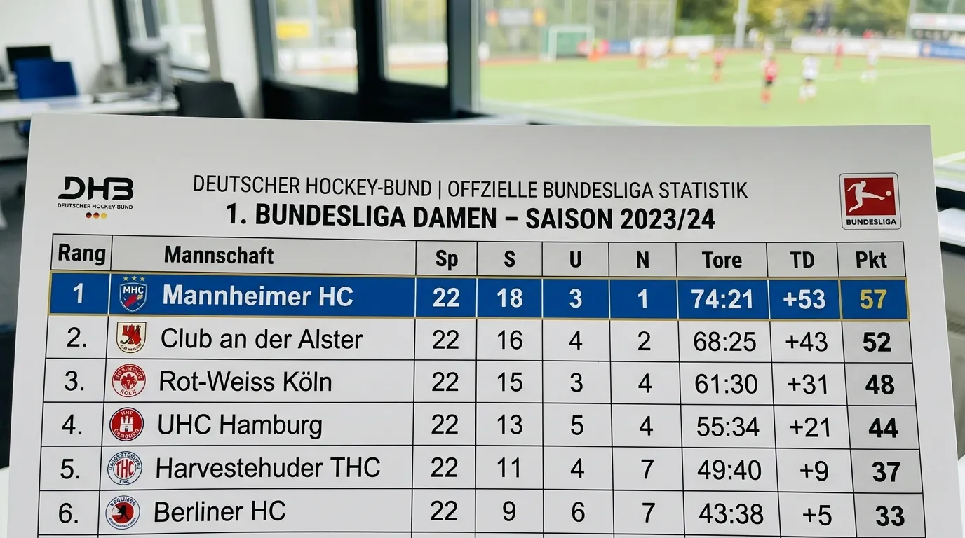 Tabellendarstellung der 1. Feldhockey Bundesliga Damen mit Mannheimer HC an der Spitze der Saison 2025/26