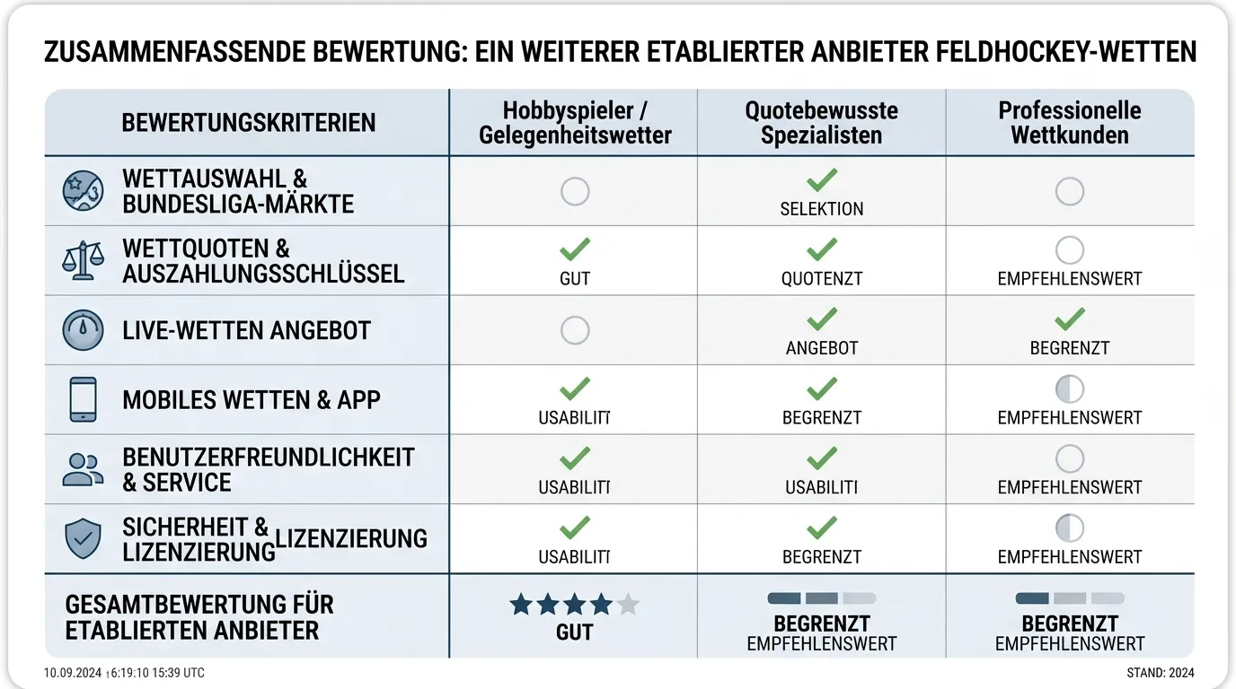 Ein weiterer etablierter Anbieter Feldhockey Wetten Gesamtbewertung — Eignung für verschiedene Wettertypen und Zusammenfassung 2026