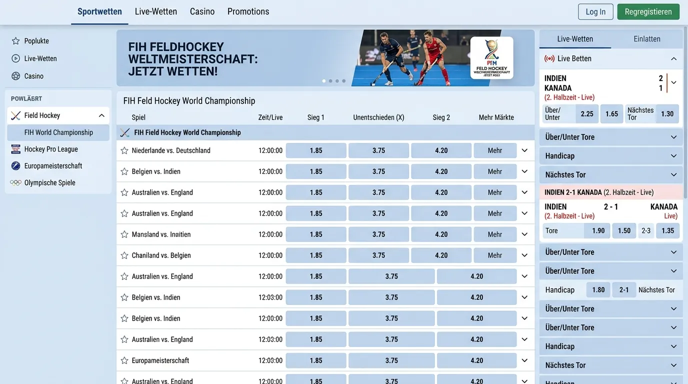 Ein weiterer etablierter Anbieter Feldhockey Wetten — Auszahlungsquoten, Märkte und Live-Angebot für WM, Pro League und Olympia im Test 2026