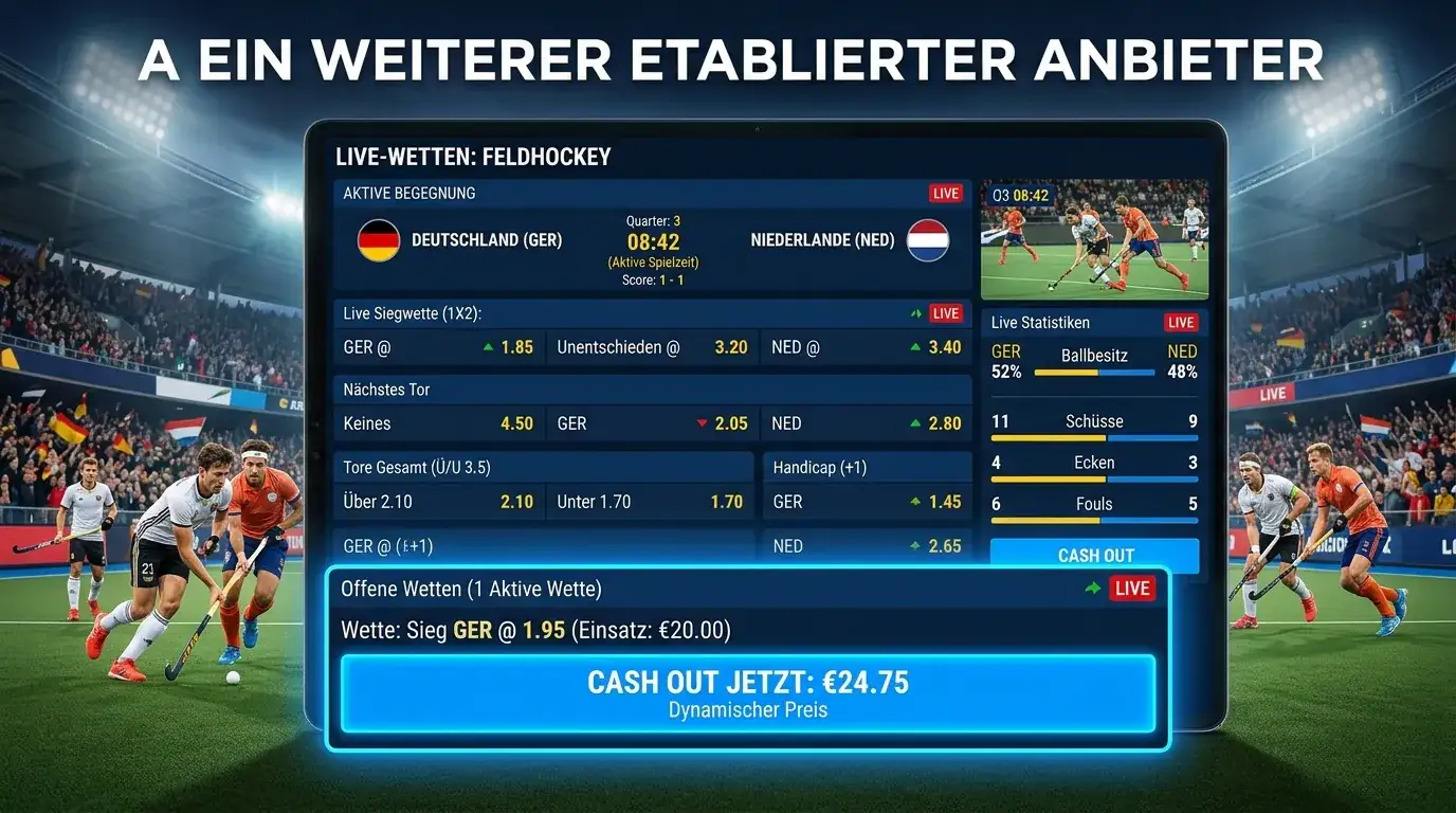 Ein weiterer etablierter Anbieter Feldhockey Live-Wetten Interface mit Cash-Out-Funktion und In-Play-Märkten bei internationalen Turnieren