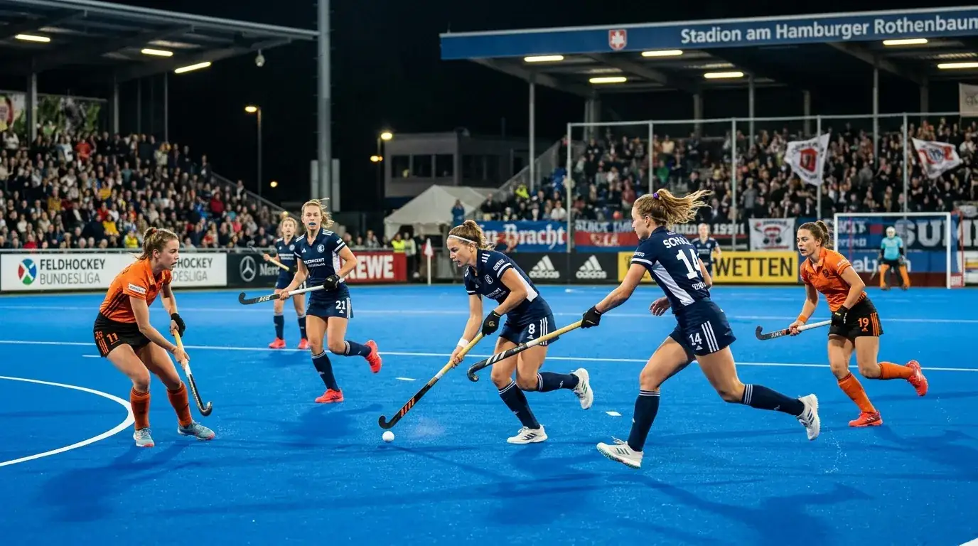Feldhockey Bundesliga Wetten — Spielerinnen beim Bundesliga-Feldhockeyspiel auf deutschem Rasenplatz