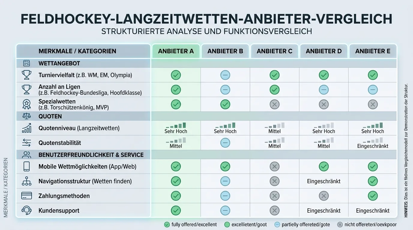 Vergleich Feldhockey Langzeitwetten Anbieter — mehrere GGL-lizenzierte Anbieter im Outright-Markt-Überblick