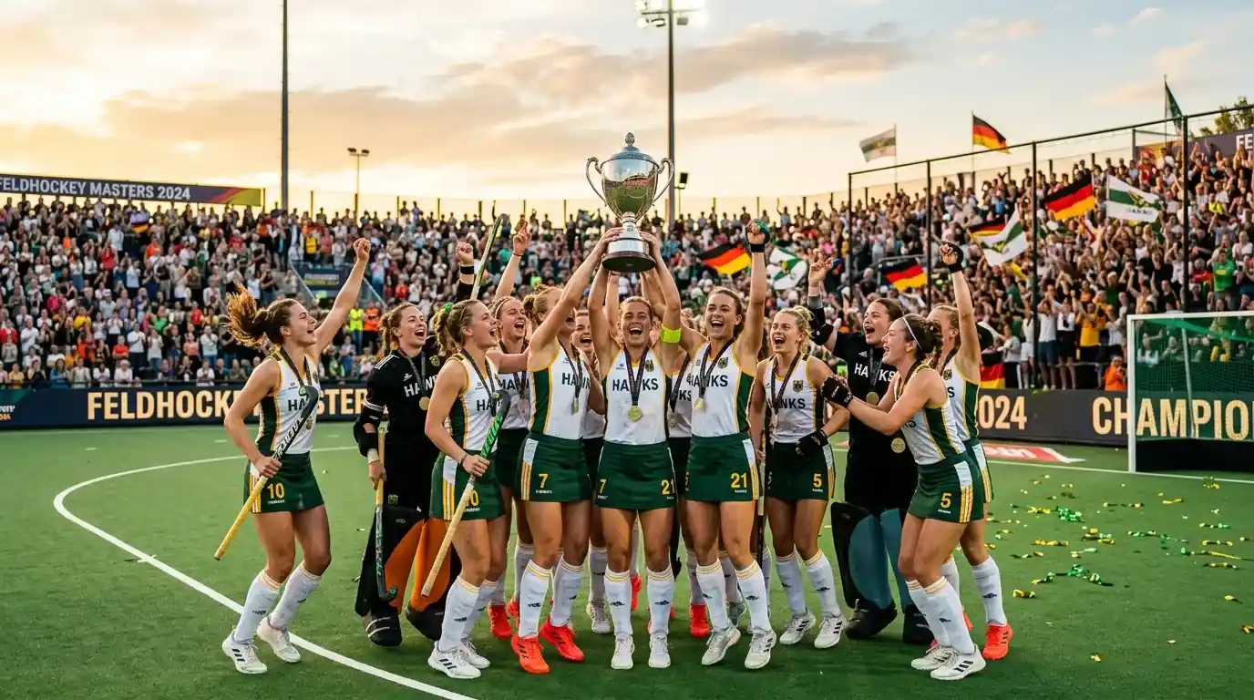 Feldhockey Langzeitwetten — Nationalmannschaft beim Turnierfinale, Trophäe im Vordergrund