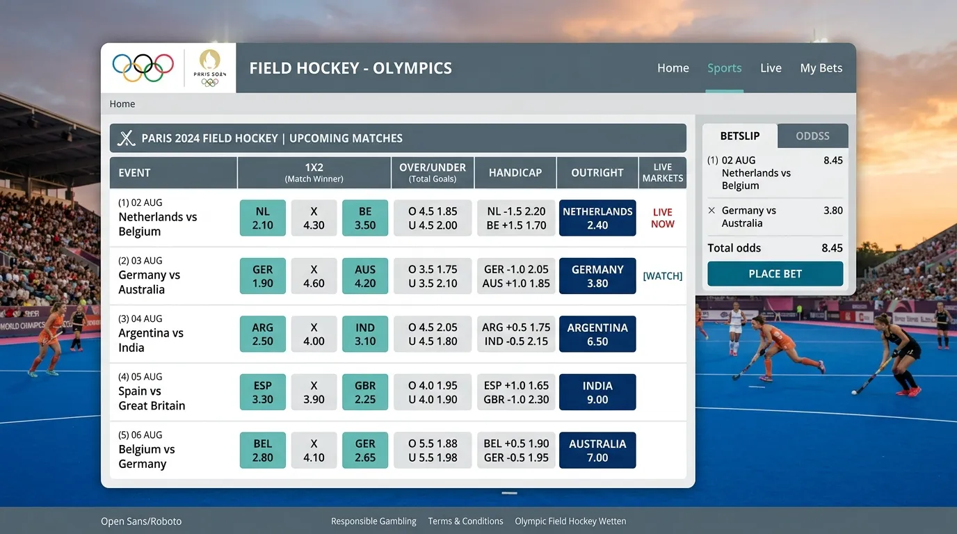 Olympische Feldhockey Wettmärkte Anbietervergleich Outright Live-Wetten verfügbare Märkte