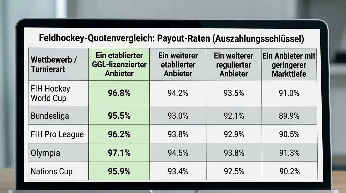 Auszahlungsquoten-Tabelle Feldhockey mit mehrere GGL-lizenzierte Anbieter mit unterschiedlicher Markttiefe für alle Wettbewerbe