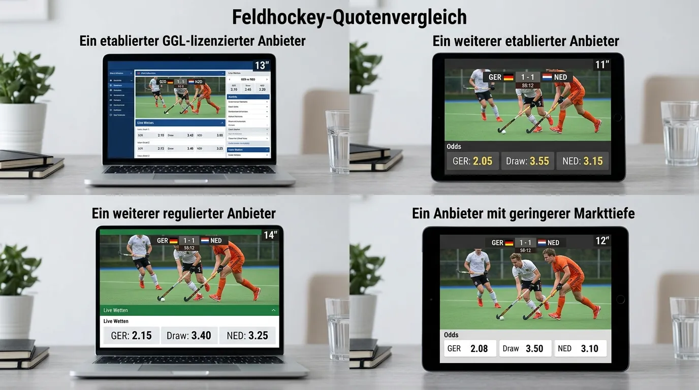 Feldhockey Quotenvergleich — Auszahlungsquoten von mehrere GGL-lizenzierte Anbieter mit unterschiedlicher Markttiefe im direkten Vergleich