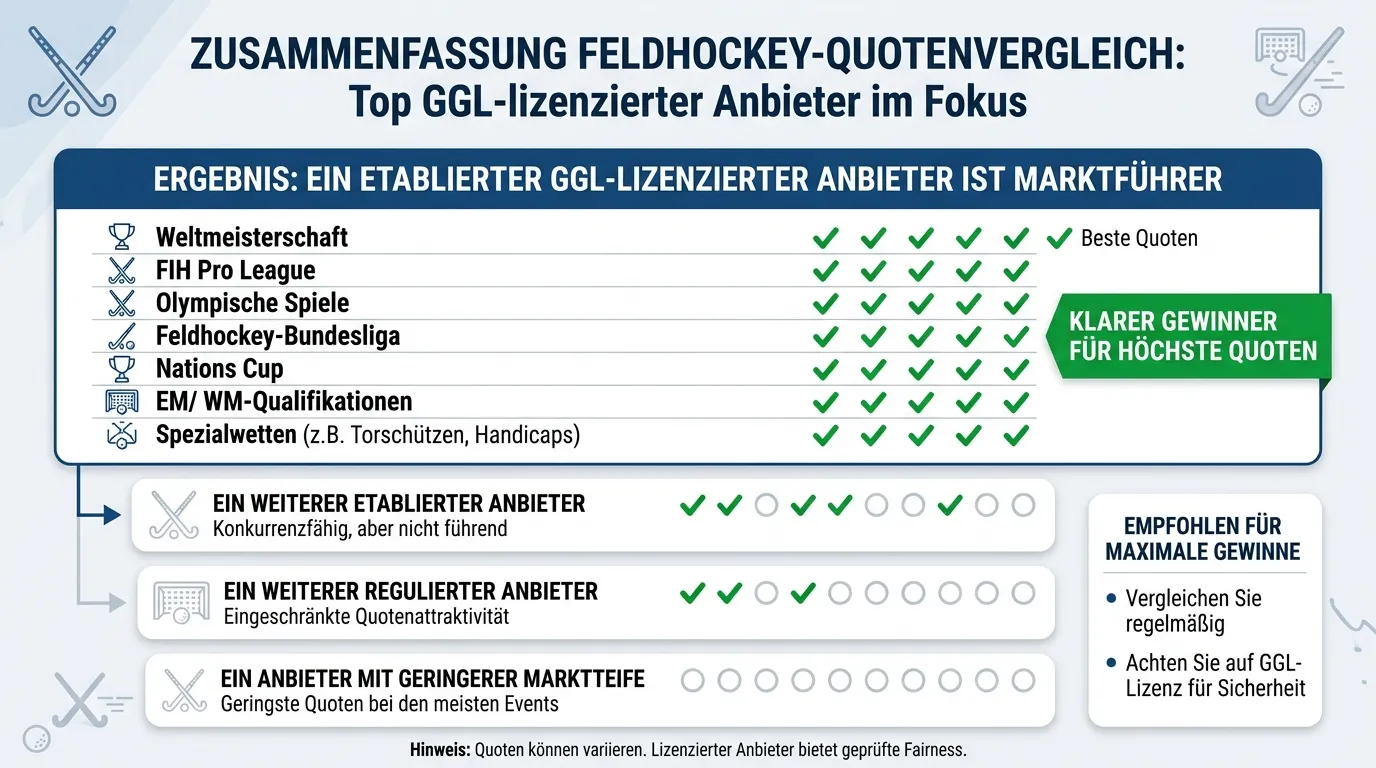 Zusammenfassung des Feldhockey-Quotenvergleichs mit Empfehlung für ein etablierter GGL-lizenzierter Anbieter als Marktführer