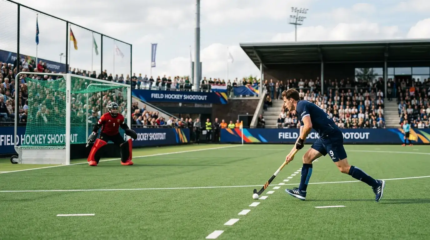 Feldhockey Shootout Wettabrechnung — Spieler beim Penalty Shootout auf dem Feldhockey-Platz