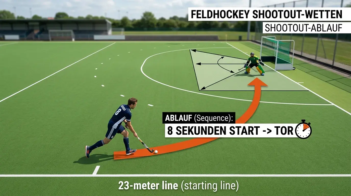 Ablauf eines Feldhockey Penalty Shootouts mit Angreifer und Torwart auf dem Spielfeld