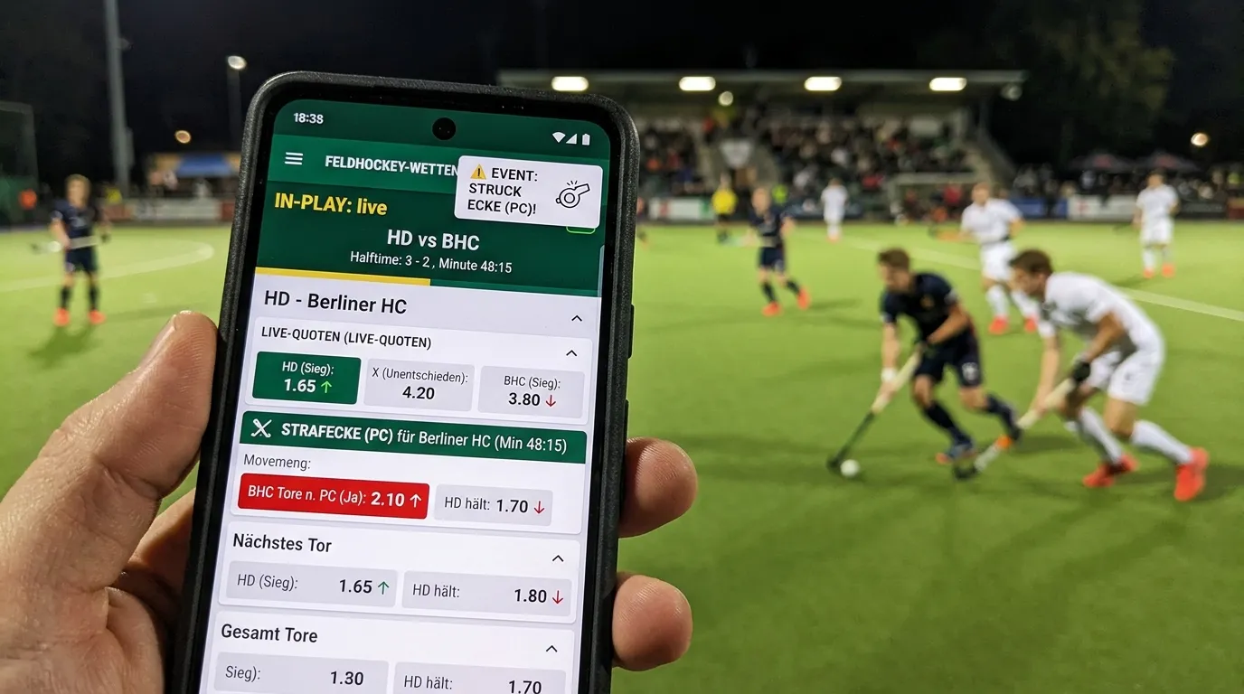 Feldhockey In-Play-Quoten auf dem Smartphone mit Strafecken-Ereignis und Quotensprung