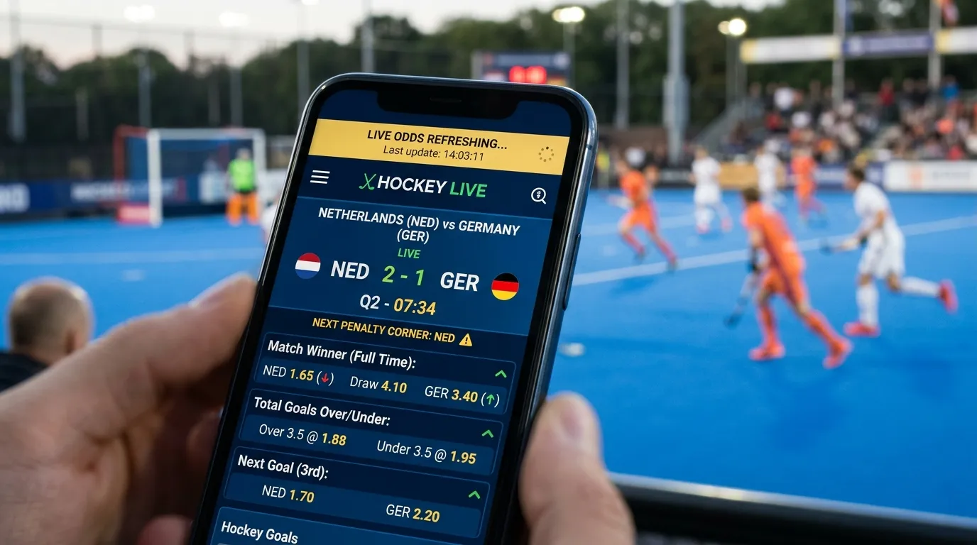 Live-Wetten-Interface einer Feldhockey-App mit Echtzeit-Quotenaktualisierung und Quartalsanzeige