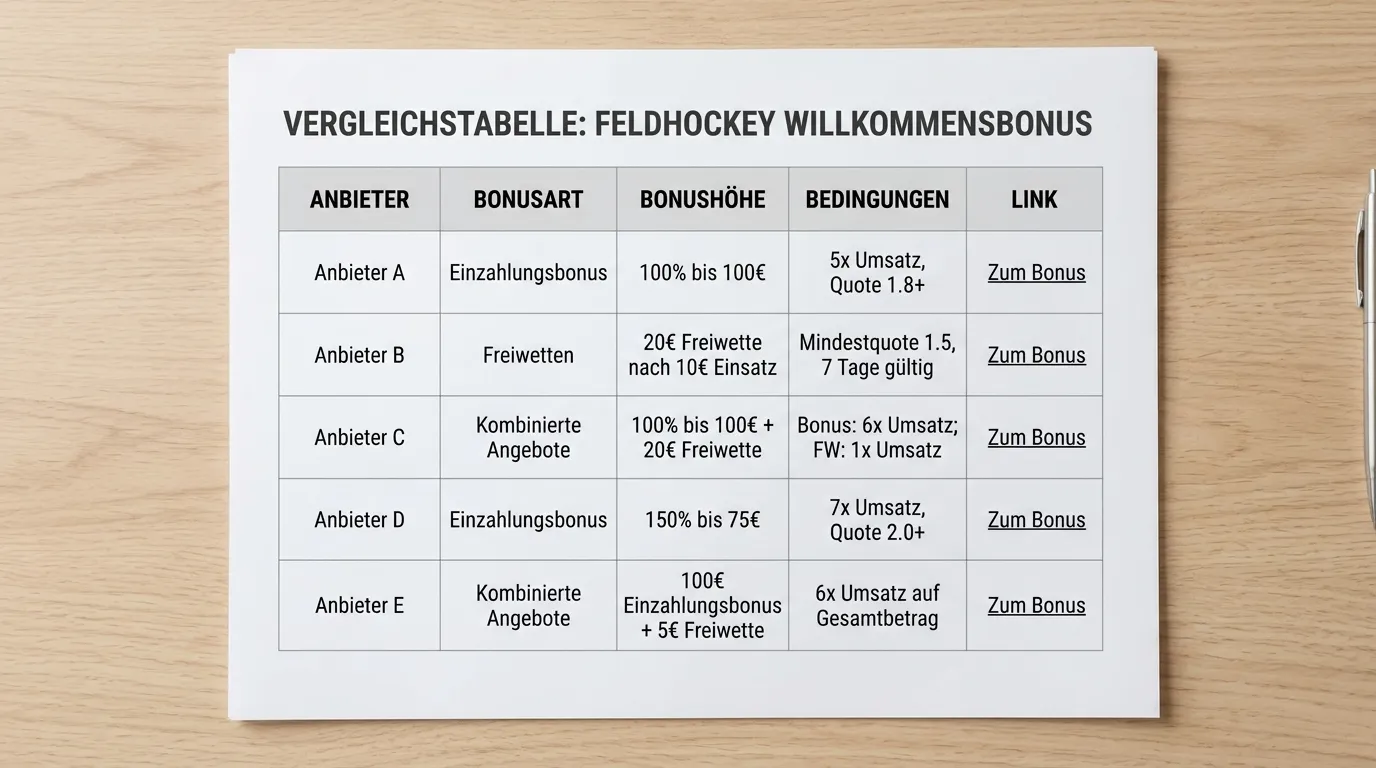 Feldhockey Wettbonus Überblick — Willkommensbonus-Vergleich GGL-lizenzierter Sportwettenanbieter