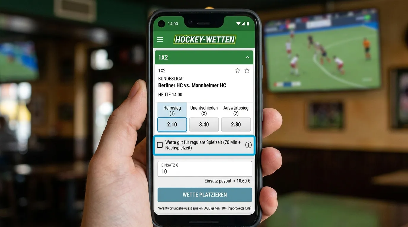 Erste Feldhockey-Wette platzieren — Wettschein mit 1X2-Markt und Abrechnungsregel überprüfen