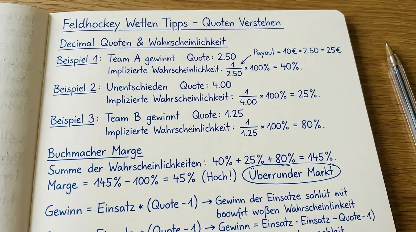 Dezimalquoten bei Feldhockey-Wetten verstehen — implizierte Wahrscheinlichkeit und Buchmachermarge erklärt