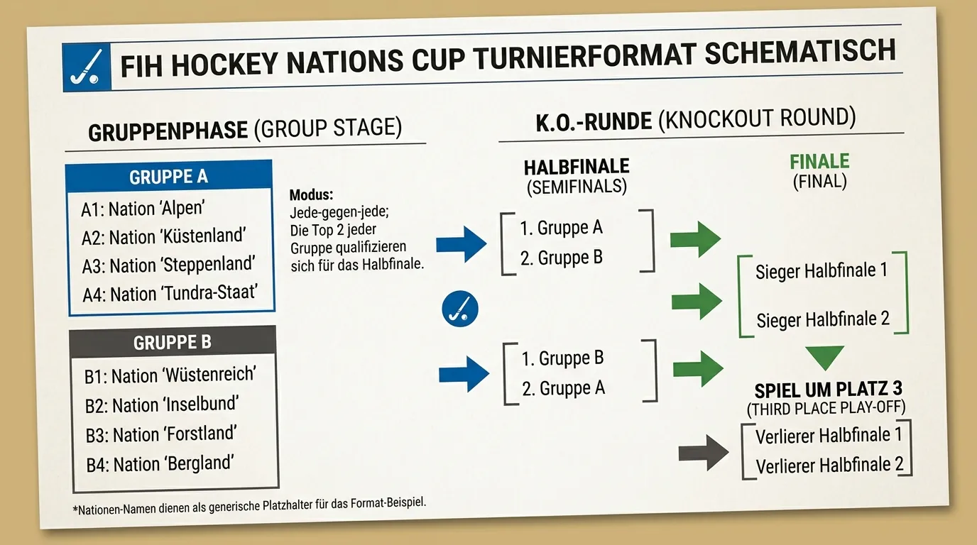 FIH Hockey Nations Cup Turnierformat — Gruppenphase und K.o.-Runden mit Teilnehmernationen im Überblick