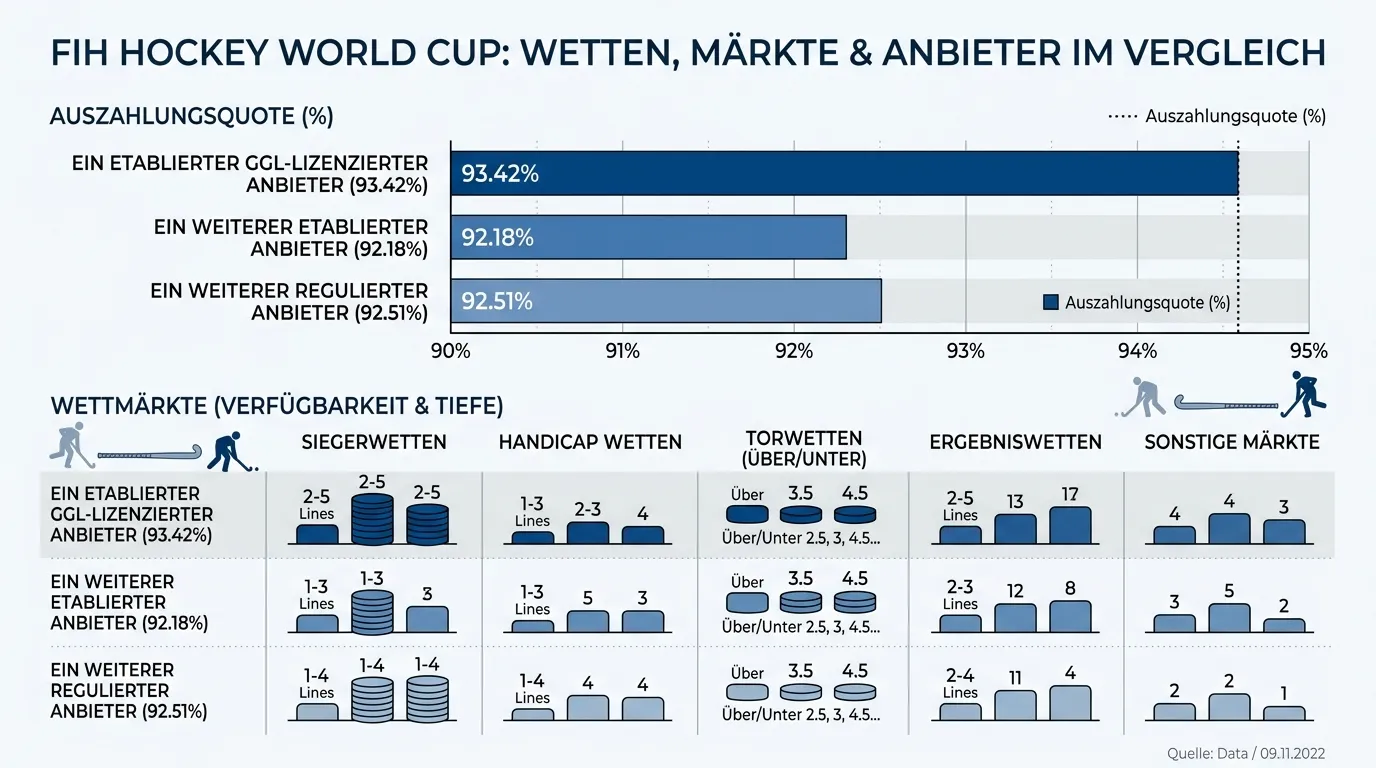 FIH Hockey World Cup Wettmärkte Anbietervergleich — Ein etablierter GGL-lizenzierter Anbieter ein weiterer etablierter Anbieter ein weiterer regulierter Anbieter Auszahlungsquoten und Markttiefe