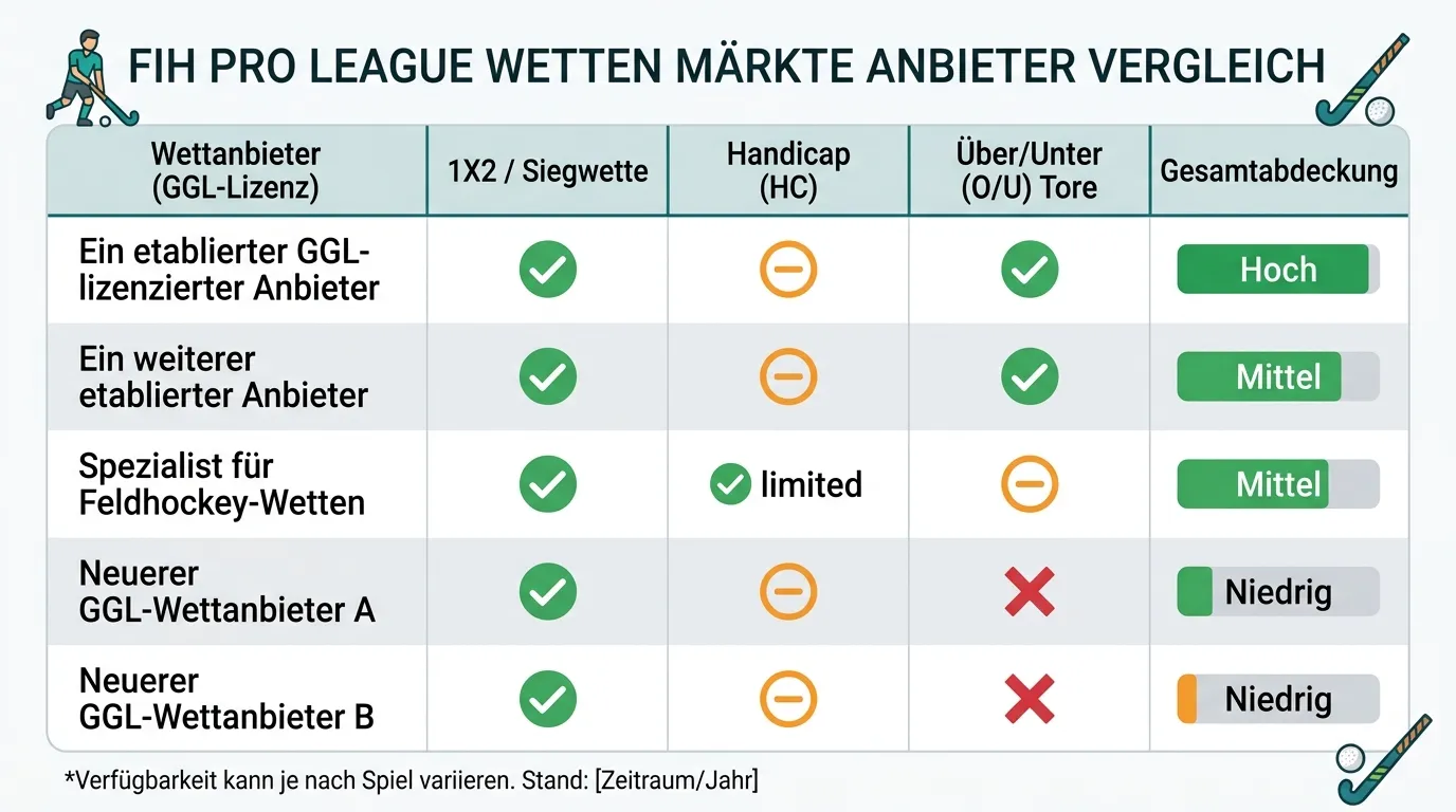 FIH Pro League Wettmärkte Anbietervergleich — verfügbare Wettarten und Markttiefe bei GGL-lizenzierten Buchmachern