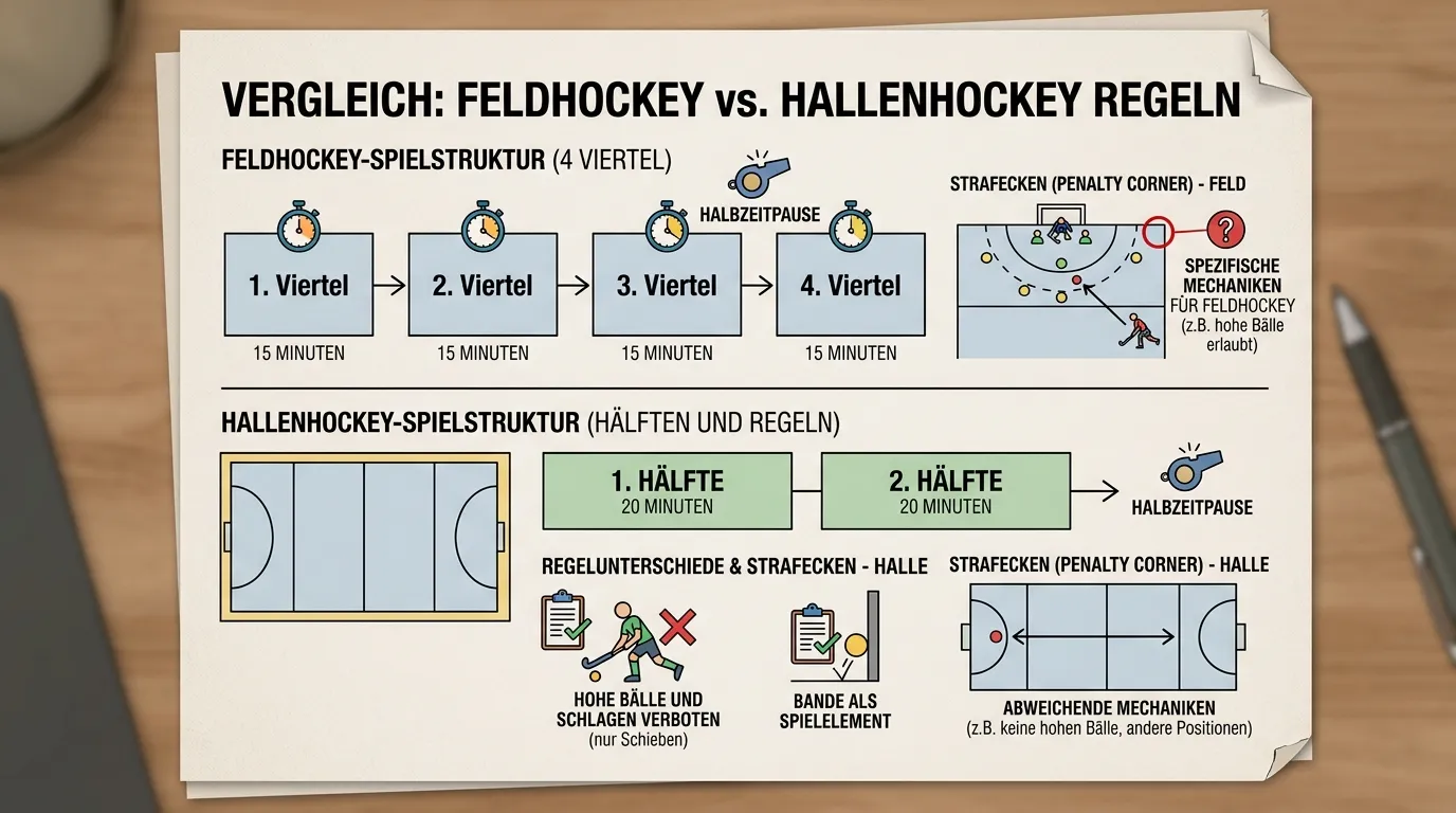 Regelvergleich zwischen Hallenhockey und Feldhockey mit Viertelstruktur und Strafecken-Unterschieden