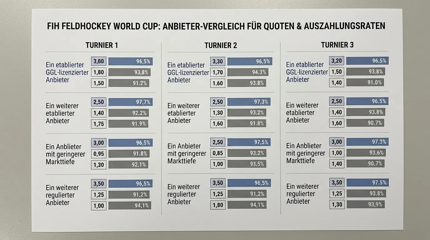 Ein etablierter GGL-lizenzierter Anbieter Feldhockey Quotenvergleich mit einem weiteren etablierten Anbieter, ein Anbieter mit geringerer Markttiefe und ein weiterer regulierter Anbieter für alle Hauptwettbewerbe
